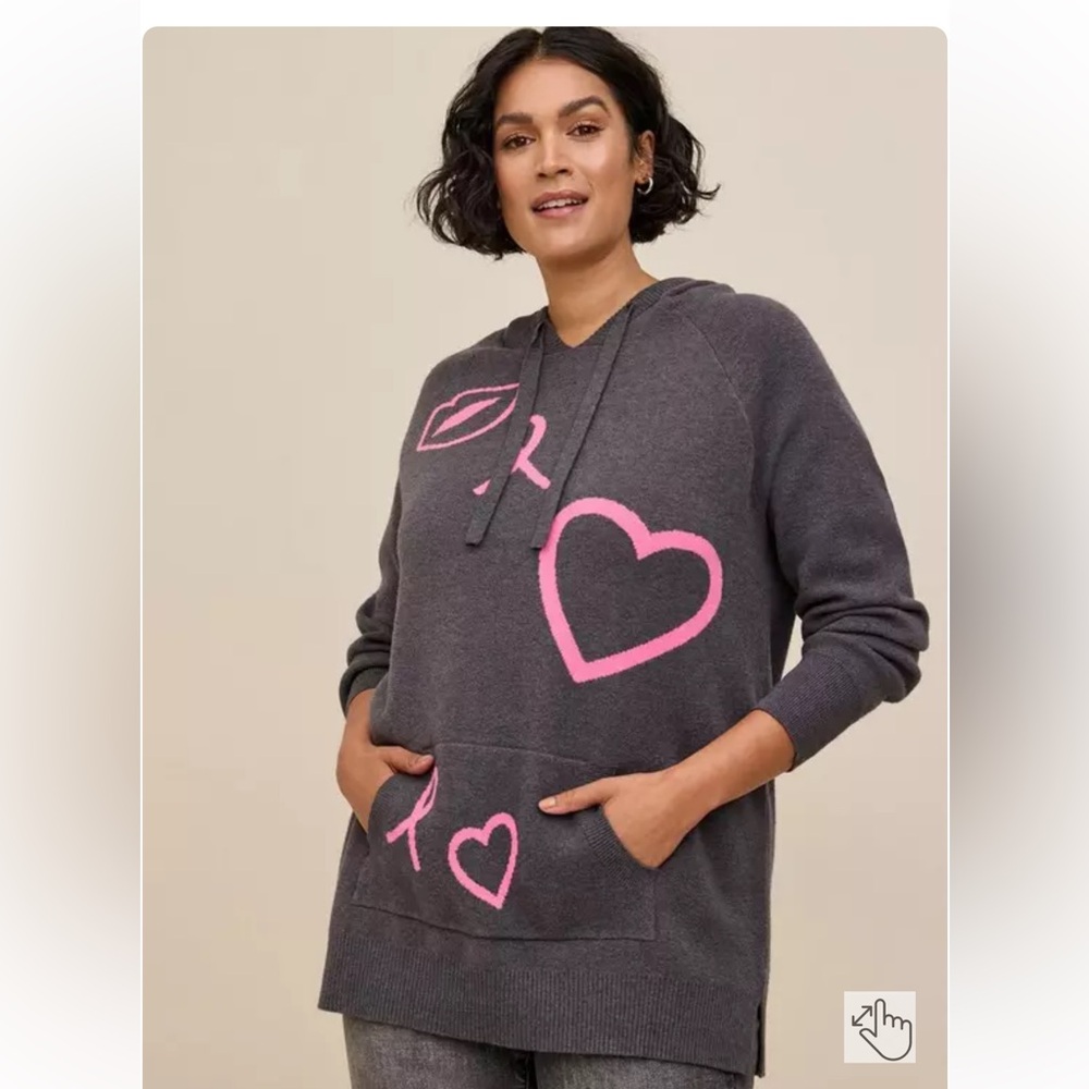 Gray Hoodie with Pink Heart and Ribbon Design - Picture 2 of 7